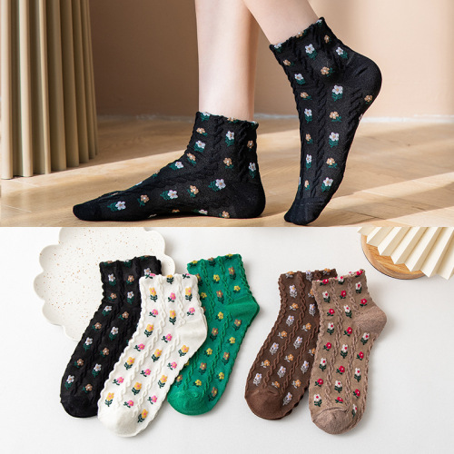 Socks Women‘s Thin Twist Socks Spring and Summer Mori Style Small Flower Socks Low-Top Short Breathable Cotton Socks One-Piece Delivery 