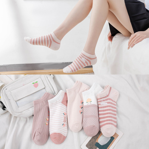 2023 Socks Women‘s Spring and Summer Pink Teenage Leisure Socks Five-Color Peach Hot Stamping Breathable Cotton Socks One Piece Dropshipping