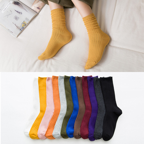 Pile Socks Women‘s Korean Spring and Autumn Socks Women‘s Color Cotton Mid-Calf Socks Japanese Korean Style Cotton Socks College Style Wholesale