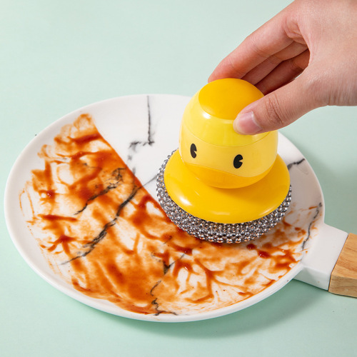 new cartoon yellow duck cleaning brush press type automatic liquid adding steel wire ball brush decontamination washing pot and bowl brush artifact
