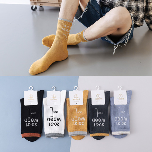Spring and Autumn Spot Digital Mid-Calf Socks Men‘s Casual Letter Long Breathable Cotton Socks One-Piece Delivery 