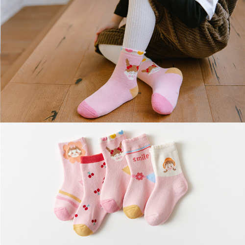 Winter Thickened Terry-Loop Hosiery Children‘s Socks Cute Pink Cartoon Tube Socks Baby Girl Warm Cotton Socks Generation Hair