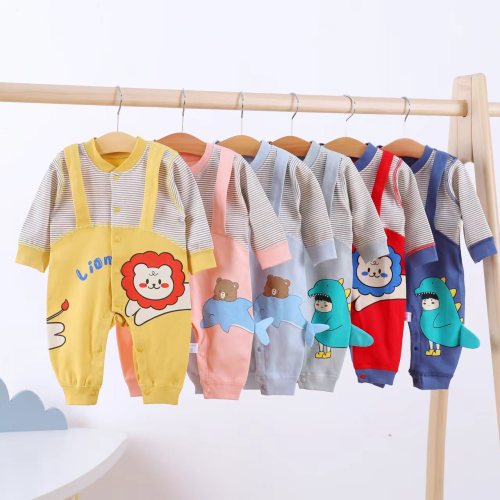 Four Seasons New Romper Four Zero Combed Cotton Baby Romper Spring and Autumn Baby Cartoon Stitching Jumpsuit Outwear