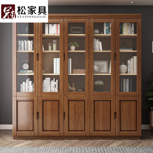 Solid Wood Oak Bookcase with Glass Door Three Doors Simple Chinese Style bookshelf Storage Student Bookcase Office File Cabinet