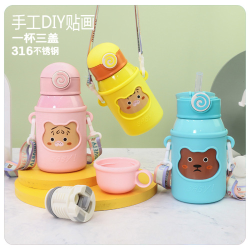 new children‘s outdoor strap water bottle silicone cup cover children‘s pot 400ml kindergarten gift logo cup