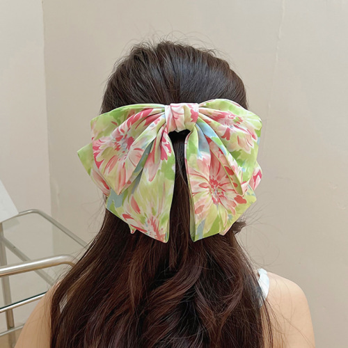 Summer New Printed Fabric Bow Hairpin Super Fairy Top Clip Spring Clip Net Red Back Head Hairpin Female D697