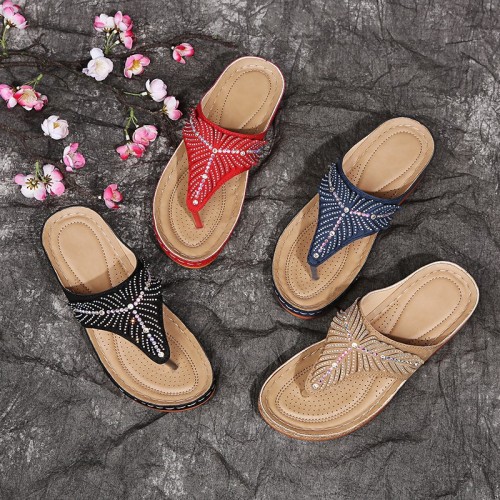 Thick Bottom wedge Shoes European and American Large Size Herringbone Women‘s Slippers Stitching Wire Rubber-Free Mom Shoes Rhinestone Women‘s Shoes Slippers 