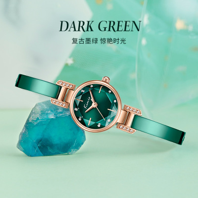 New Retro Small Green Watch Women's Fashion Watch Alloy Steel Belt with Diamond Bangle Watch Gemstone Green Bracelet Watch