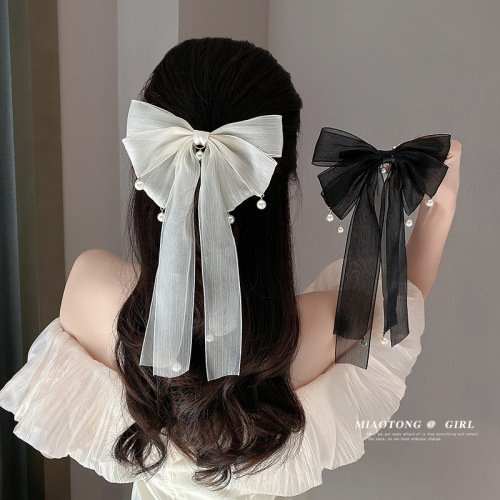 ribbon bow headdress barrettes women‘s pearl hairpin 2022 new high-end spring clip ponytail clip
