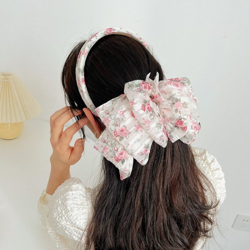 Korean Style New Headdress Chiffon Printed Bow Barrettes Sweet Beauty High Head Sponge Headband Women‘s Hair Accessories F939