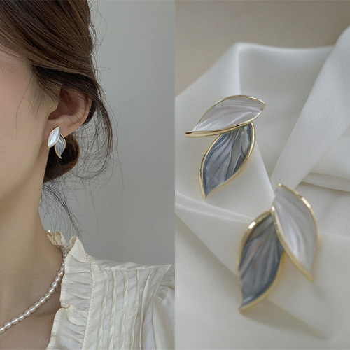 korean s925 silver needle simple leaf earrings female blue and white leaf earrings personalized design mori style earrings