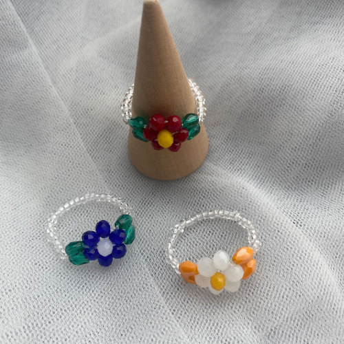 Japanese and Korean Style Retro Colorful Crystal Beaded Flower Ring Korean Style Ins Style Three Colors Fresh Cute Ring Bracelet 