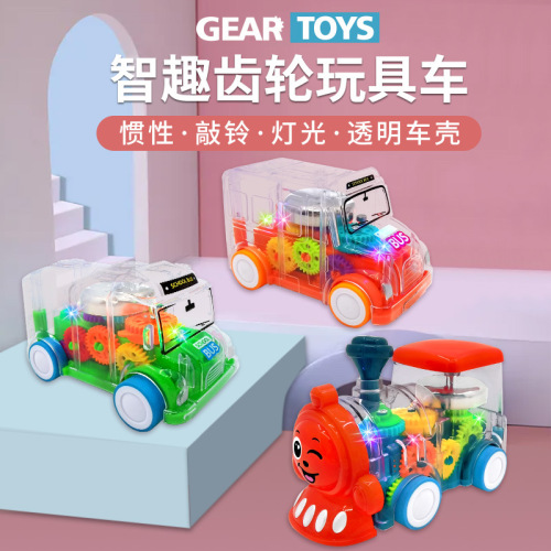 Transparent Gear Bell Car Luminous Pull Back Small Train Bus Universal Light Car Toy Gift Wholesale
