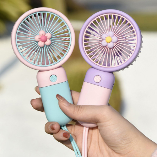 Handheld Hang Rope Little Fan USB Charging Mini Candy Color Flower Portable Mute Office Student Gift Fan