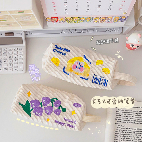 Original Cute Embroidery Pencil Case Student Large Capacity Portable Stationery Bag Cartoon Stationery Storage Bag Pencil Stationery Box 