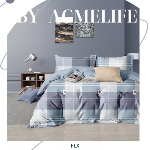 chemical fiber bed sheet four-piece set simple fitted sheet bedding plaid bed sheet quilt cover three-piece set wholesale