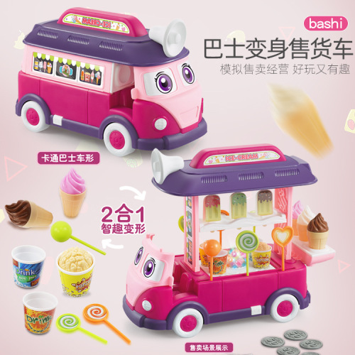 Factory Wholesale Play House Toys Dessert Barbecue Ice Cream Boys and Girls Deformation Light Music Bus
