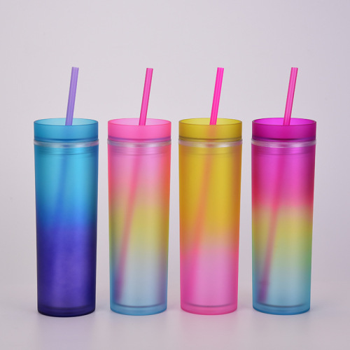 2022 cross-border amazon new gradient color rainbow color water cup straight skinny double plastic cup with straw