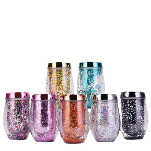 Cross-Border Independent Station U-Shaped Eggshell Cup 10Oz Can Be Set Big Belly Cup Creative Double-Layer Sequined Water Cup Egg Thermos Cup