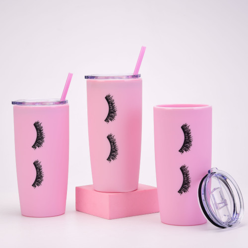2022 New 20Oz Double Plastic Cup Women‘s Pink Eye Lashes Car Water Cup Selfie Creative Cup with Straw