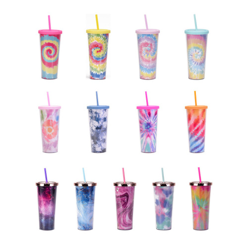 amazon european and american new tie-dye straw cup 24oz double-layer plastic water cup can be customized logo creative paper card diy