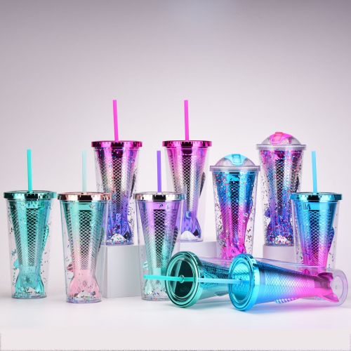 2022 new double-layer plastic cup creative gradient mermaid tail straw cup color plating color sequined water cup