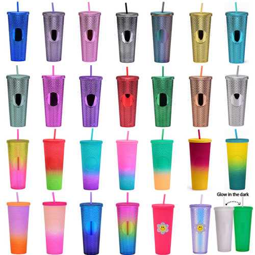 double plastic straw cup large capacity creative 710ml durian cup hand cup luminous color changing rainbow gradient cup