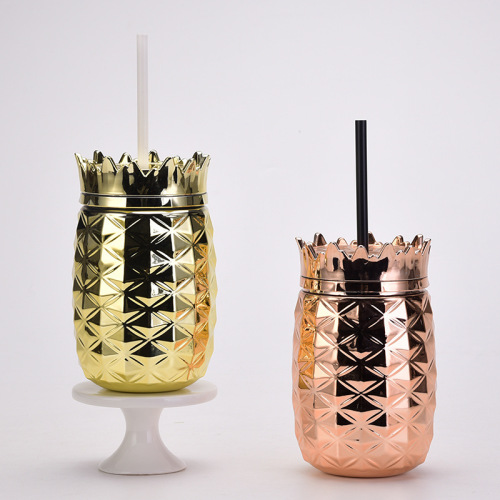 cross-border direct supply electroplating plastic diamond pineapple cup creative adult straw cup electroplating special-shaped juice cup