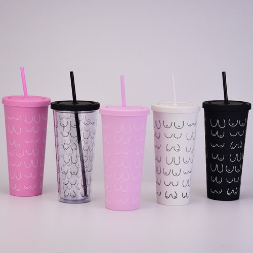 Urban Outfitters Fun Abstract Chest Cup Personalized Simple Strokes Double-Layer Thickened Plastic Cup with Straw