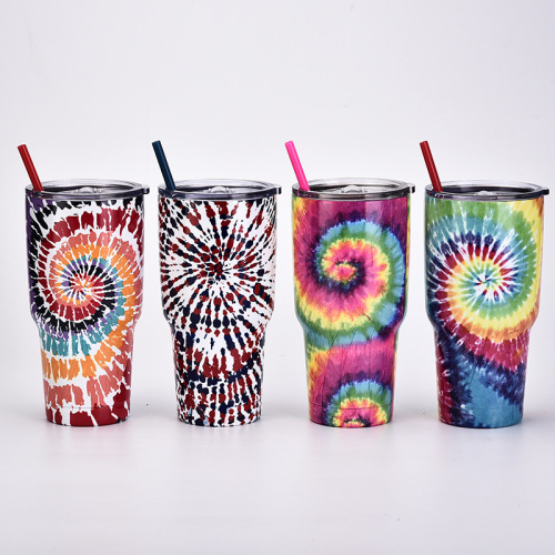Cross-Border Amazon 30Oz Tie-Dye Large Ice Cup Large Capacity Stainless Steel Outdoor Coffee Cup Creative Straw Water Cup