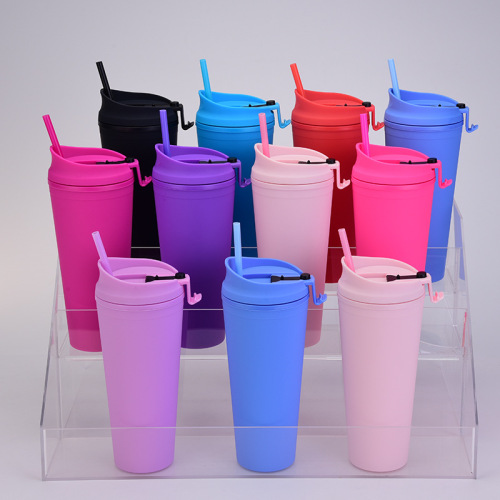 2022 cross-border direct supply double-layer plastic straw cup multi-color spot large capacity outdoor water cup frosted handy cup
