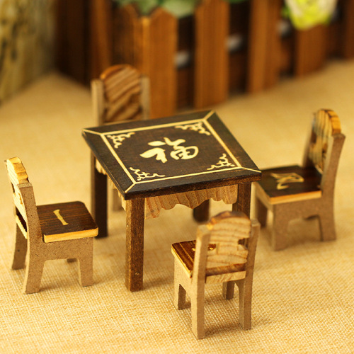 Mini Home Small Tables and Chairs Children Play House Toys Solid Wood Furniture Toys Cartoon Eight Fairy Table Stall Wholesale