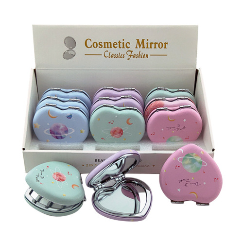 Planet Heart-Shaped Macaron Double-Sided Mirror Easy to Carry Girl Makeup Mirror Advertising Gift Foldable Small Mirror 