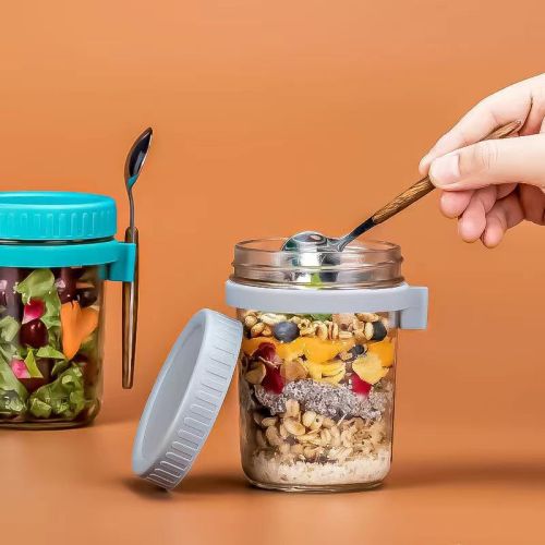 overnight oatmeal cup transparent glass mason cup salad cup with lid and spoon portable light breakfast cup yogurt cup