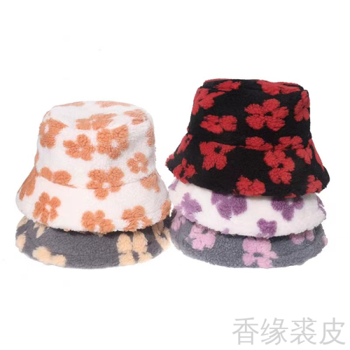 Winter Flower Bucket Hat Japanese and Korean Instagram Mesh Red Printing Warm Hat Particles Small Rabbit Fur Flower Bucket Hat Female Student