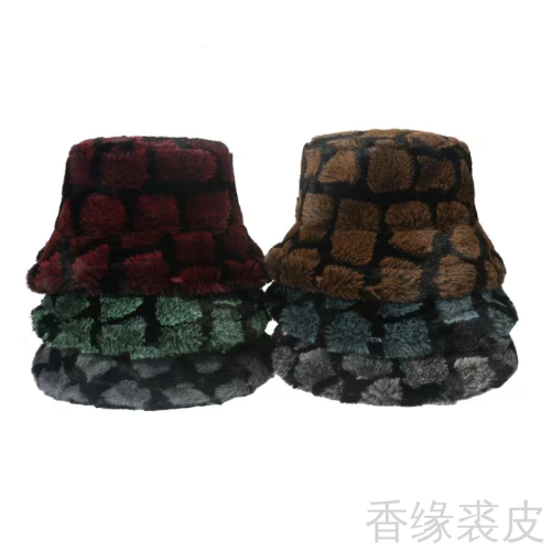 Autumn and Winter Cross-Border Amazon Thickened Warm Fur Bucket Hat Imitation Plush Square Plaid Bucket Hat Women‘s Winter