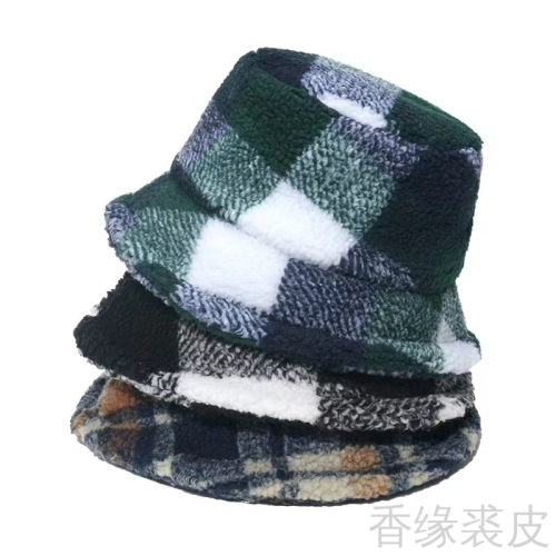 Cross-Border Autumn and Winter British Style Classic Plaid Fisherman Hat Hip-Hop Street Retro Warm Lamb Wool Bucket Hat Men