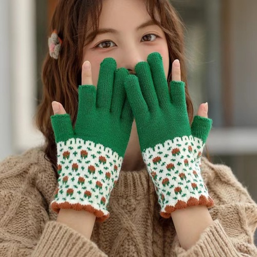 open finger women‘s gloves autumn and winter leakage two finger head knitted wool thick velvet warm student half finger gloves writing