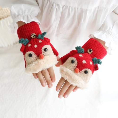children‘s flip double-layer velvet gloves half finger gloves kindergarten boys and girls cute cartoon knitted warm wholesale
