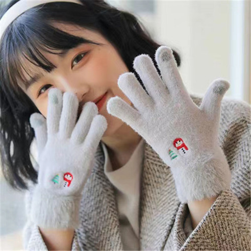 korean cute candy color women‘s warm gloves winter thickened comfortable five-finger gloves touch screen snowman embroidery