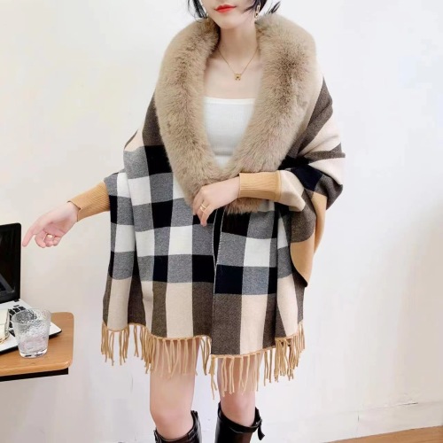 Autumn and Winter New Imitation Rex Rabbit Fur Collar Shawl Cape plus Size Plaid Knitted Cardigan Baggy Coat Women