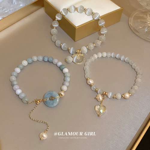 Chinese Style Pearl Safety Buckle Opal Jade Pendant Love Bracelet Kitten Fashion Adjustable Bracelet Literary Bracelet