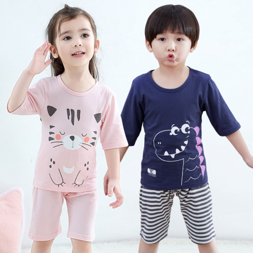 Summer Children‘s Homewear Suit Boys and Girls Thin Cartoon Cotton Pajamas Baby Moisture Wicking Air Conditioning Clothes