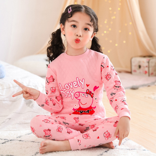 children‘s three-layer quilted underwear set boys and girls autumn clothes long pants autumn and winter thickened warm round neck set