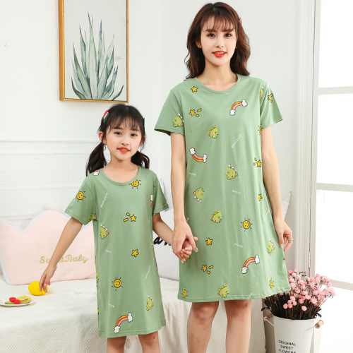 spot summer korean style girl‘s clothing 2021 letters animal cotton skirt parent-child baby nightdress one-piece delivery
