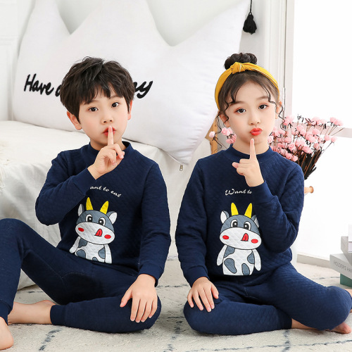 children‘s warm clothes set boys‘ and girls‘ three-layer quilted autumn clothes children‘s round neck home clothes customization