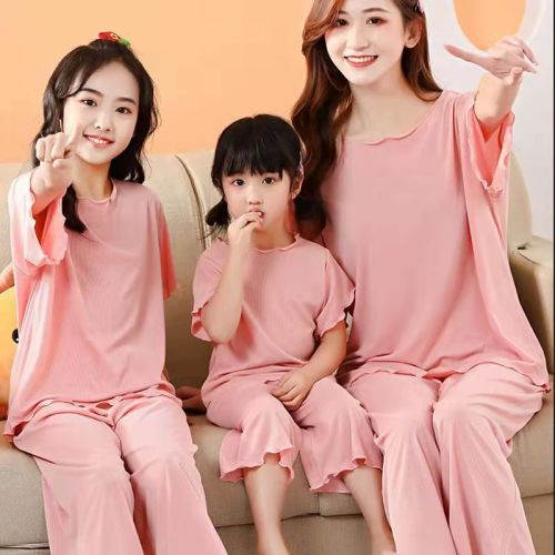 children‘s home clothes summer thin parent-child clothes medium and large children‘s solid color loose short-sleeved pajamas mother and daughter air-conditioning clothes spot goods