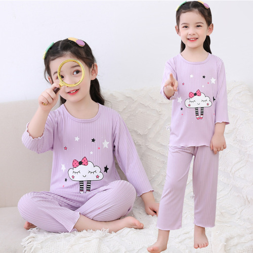 new children‘s clothing children‘s pajamas three-quarter sleeve girl‘s ice silk spring and summer baby girl‘s suit cartoon breathable homewear