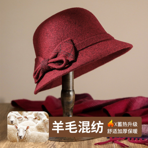 [hat hidden] autumn and winter hat female korean wool woolen bowknot bowknot hat middle-aged and elderly warm basin hat