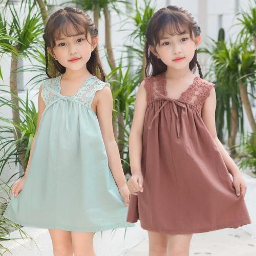 children‘s clothing summer hollow lace shoulder strap skirt small and medium girls bow decoration sleeveless dress wholesale in stock